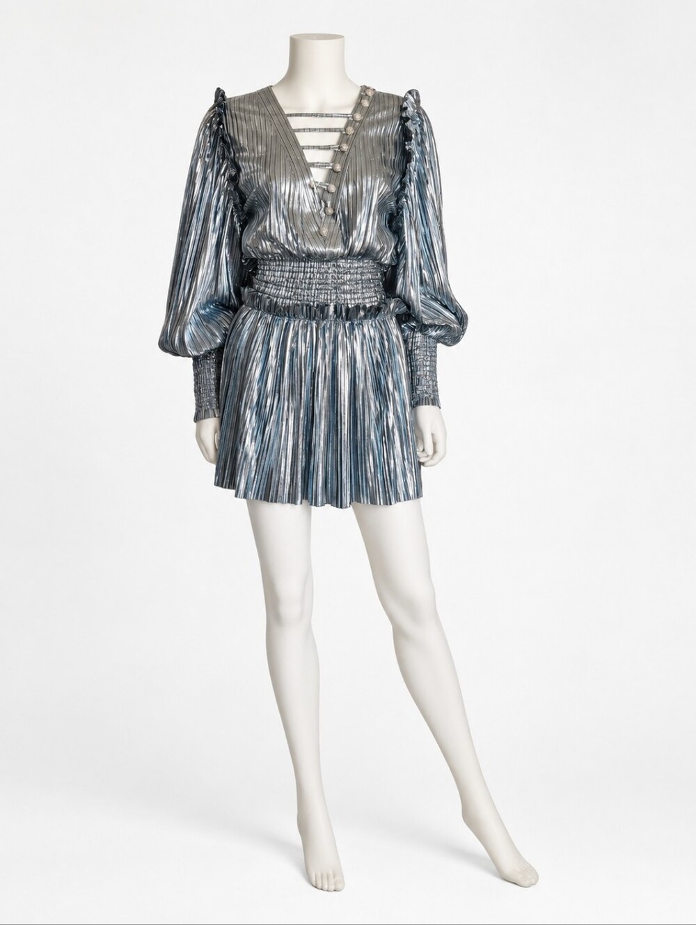 RAISA VANESSA | Metallic Pleated Crystal Button Mini Dress 34 XS